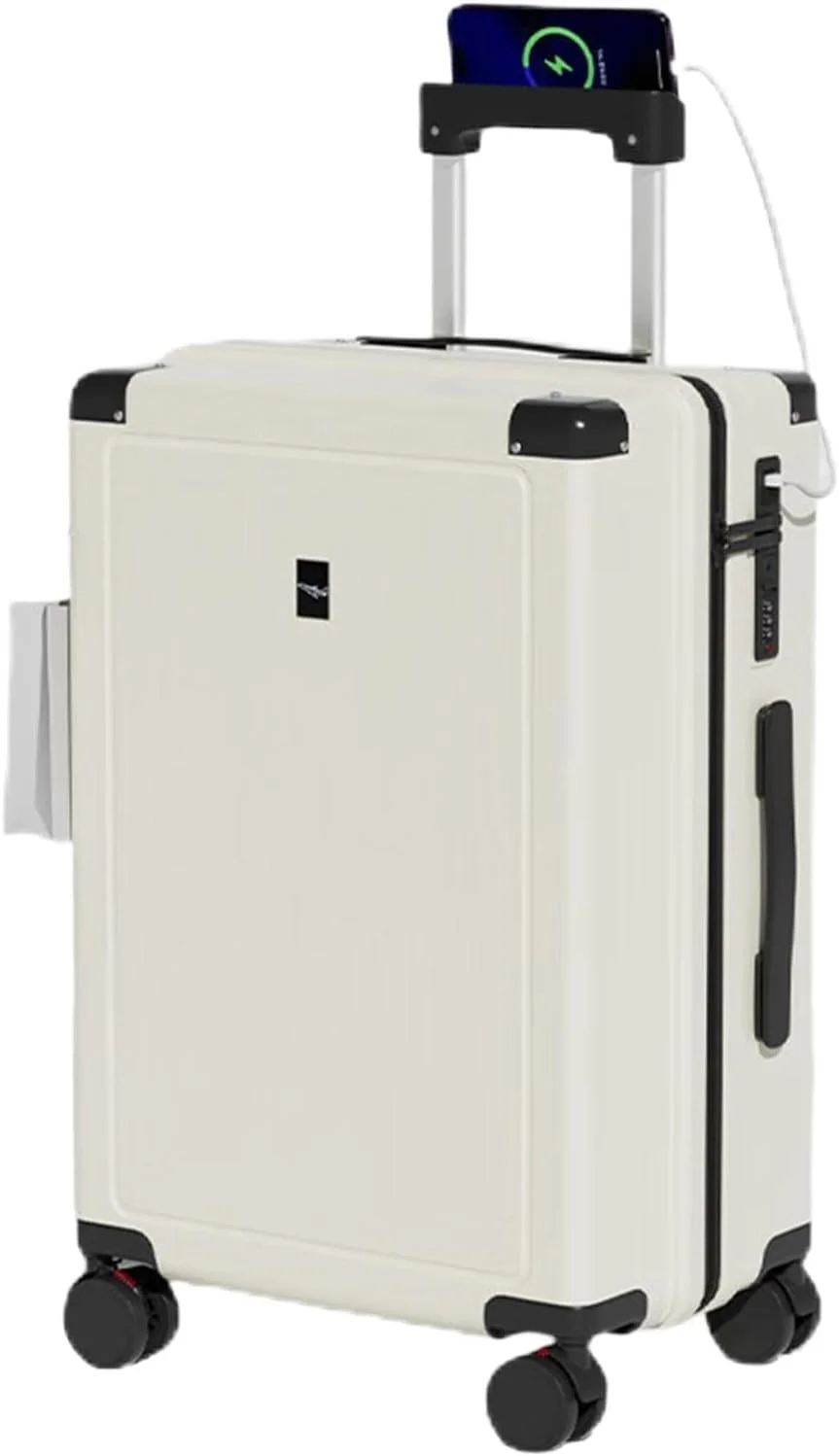 چمدان کابین سایز MOTIM مناسب برای خانم ها و آقایان، چمدان با قابلیت شارژ، کیف مسافرتی با چرخ های گردان 360 درجه، بدنه سخت با بافت سبک، قفل رمزدار، سفید، بدنه سخت