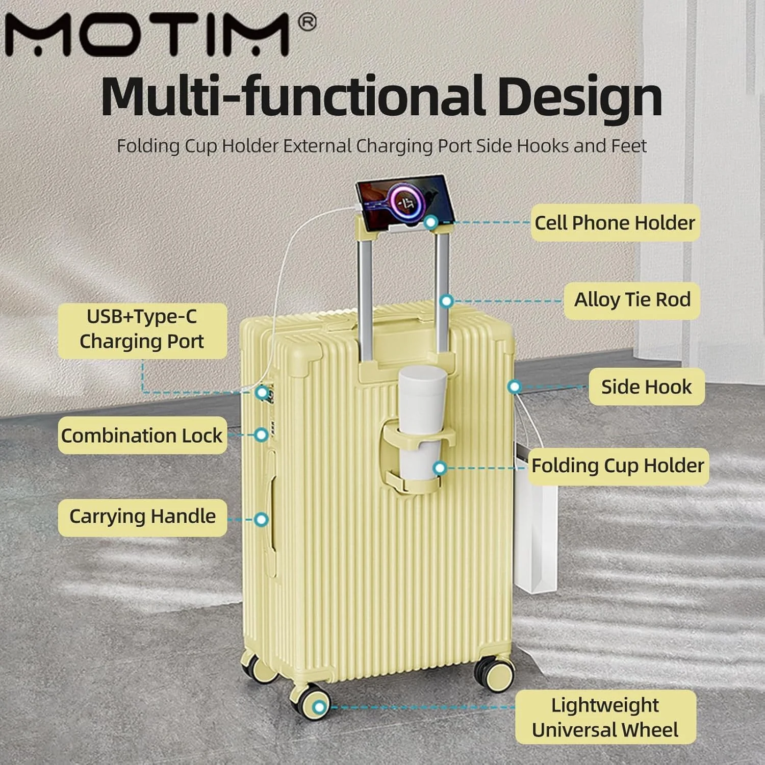 چمدان کابین سایز MOTIM با جا لیوانی، چمدان مسافرتی هارد شل با ظرفیت بالا و باز شدن از بالا به همراه چرخ (زرد، 24 اینچ)
