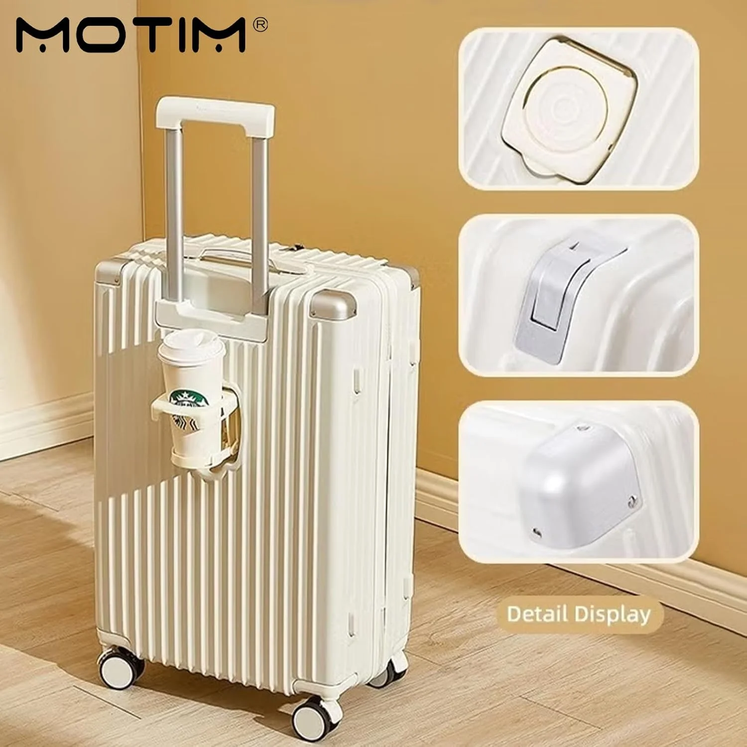 چمدان چرخشی سخت MOTIM با جا لیوانی، پورت USB و نگهدارنده تلفن به همراه یک چمدان مسافرتی کوچک 14 اینچی، سفید (22 اینچ)