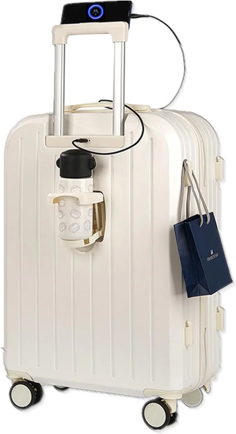 چمدان چرخشی سخت MOTIM با جا لیوانی، پورت USB و نگهدارنده تلفن (سفید، سایز 20 اینچ)
