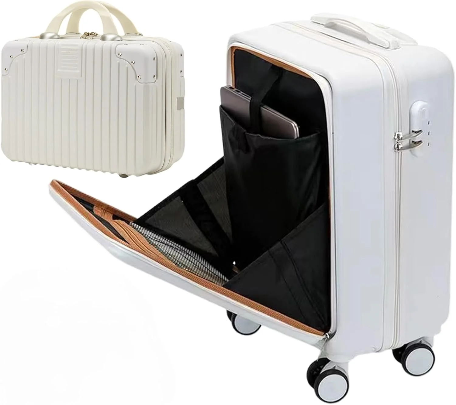 چمدان کابین سایز سخت MOTIM با جیب جلویی لپ‌تاپ، فریم آلومینیومی، چرخ‌های اسپینر و ظرفیت بزرگ (سفید، 20 اینچ)