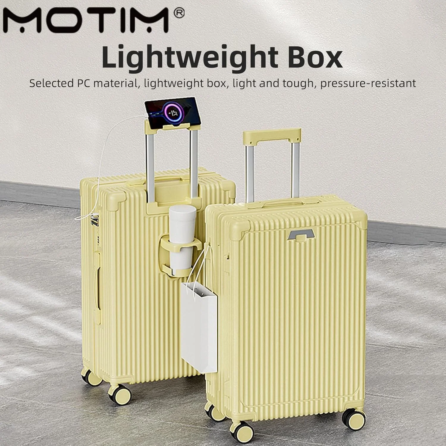 چمدان کابین سایز MOTIM با جا لیوانی، چمدان مسافرتی هارد شل با ظرفیت بالا و باز شدن از بالا به همراه چرخ (زرد، 24 اینچ)