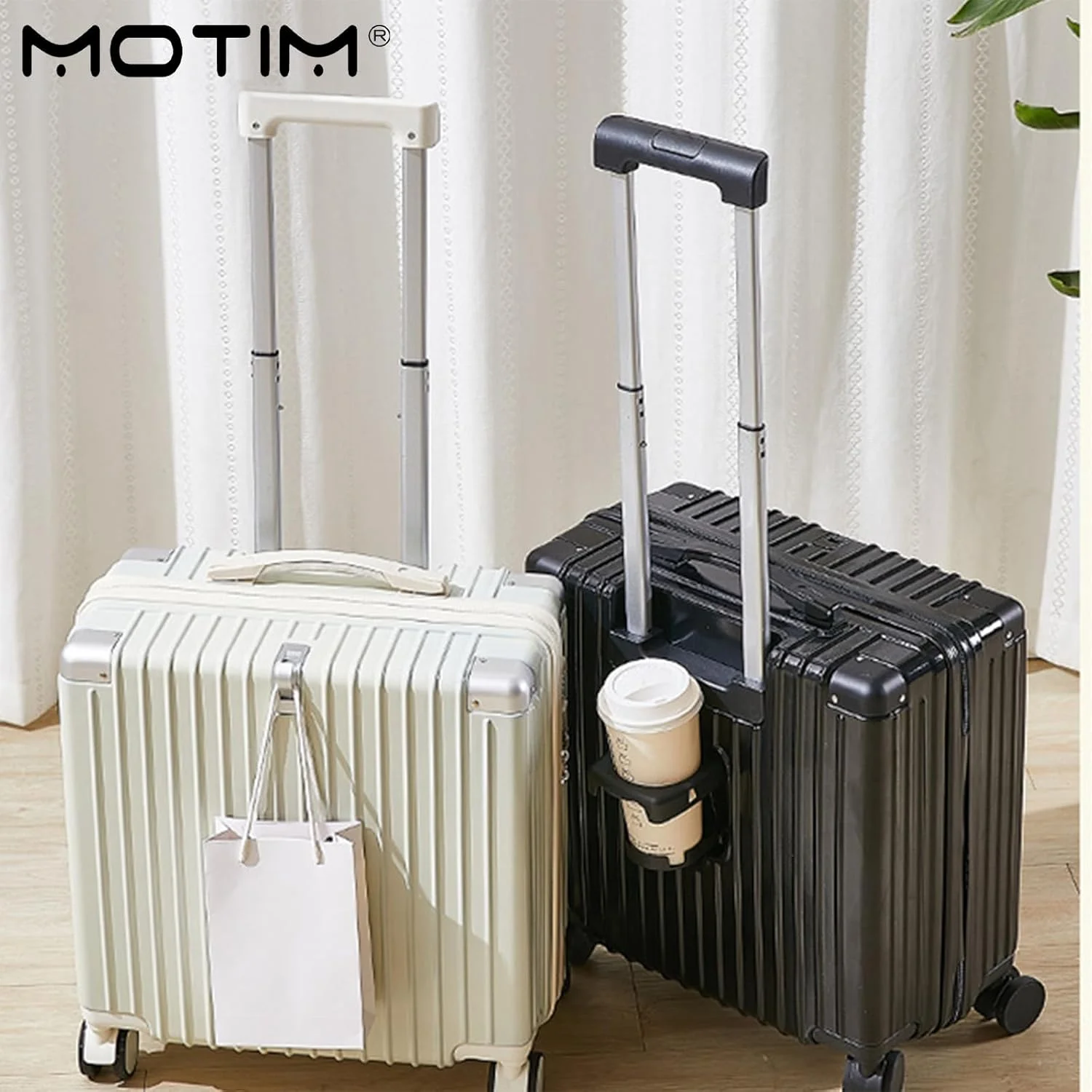 چمدان چرخشی سخت MOTIM سایز 18 اینچ، دارای جا لیوانی، پورت USB و نگهدارنده تلفن (مشکی)