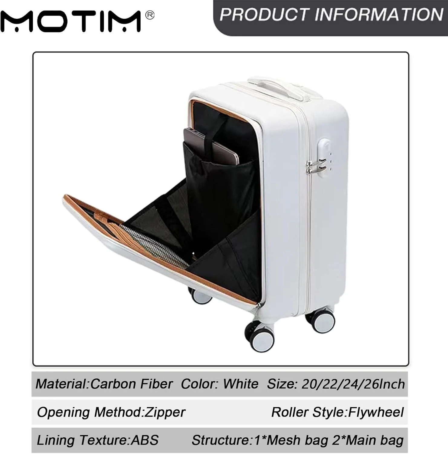 چمدان کابین سایز سخت MOTIM با جیب جلویی لپ‌تاپ، فریم آلومینیومی، چرخ‌های اسپینر و ظرفیت بزرگ (سفید، 20 اینچ)