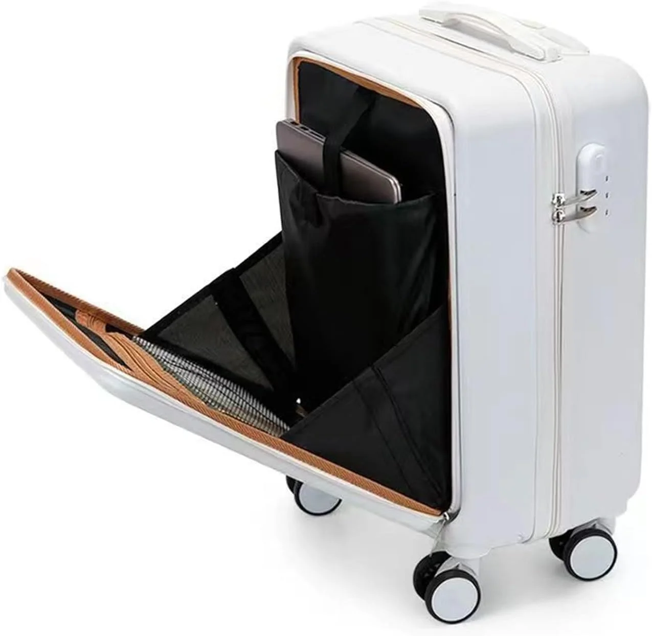 چمدان کابین سایز سخت MOTIM با محفظه جلویی بازشو لپ‌تاپ، بدنه آلومینیومی و چرخ‌های اسپینر، چمدان بزرگ با ظرفیت بالا (سفید، سایز 20 اینچ)