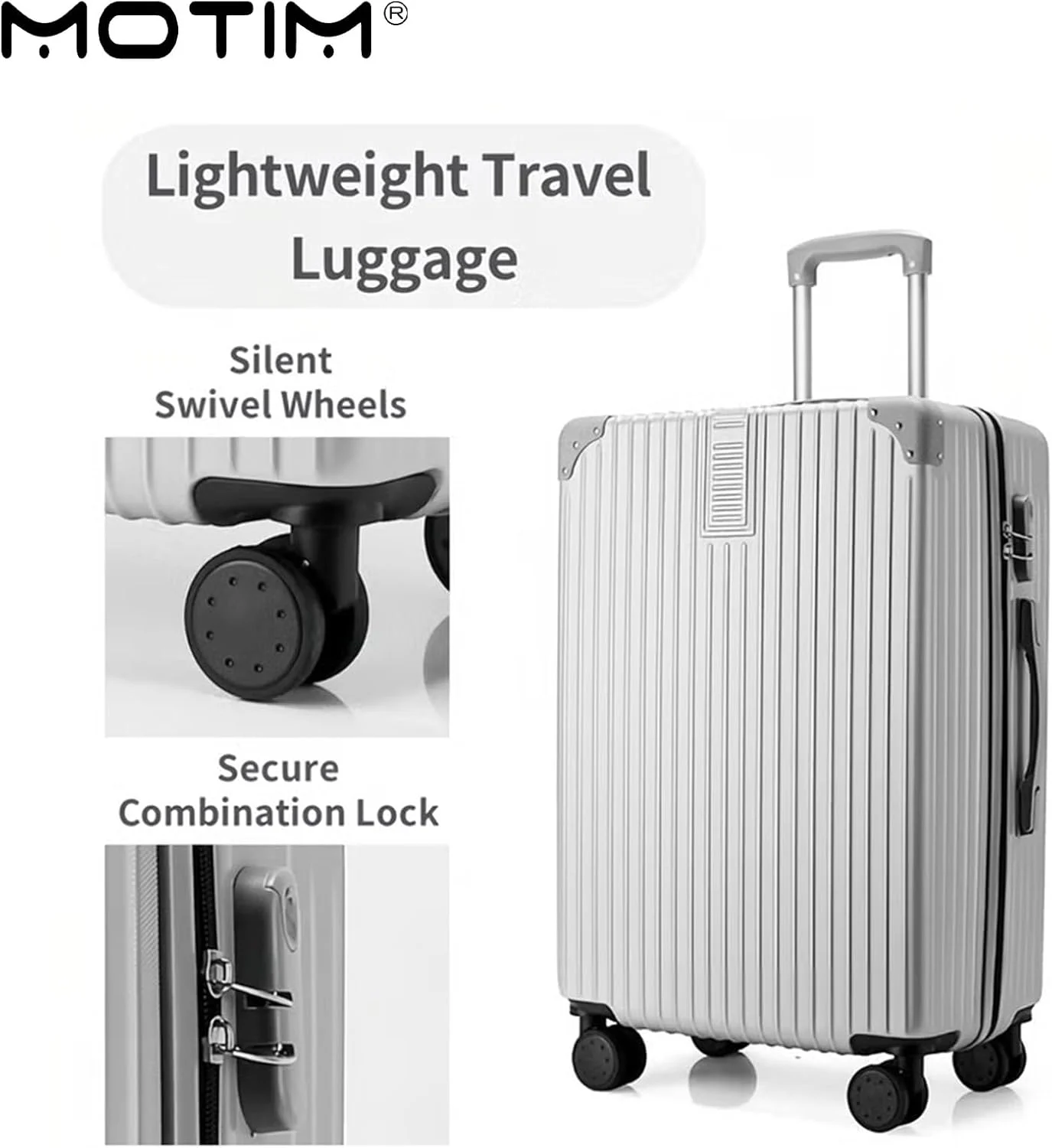 چمدان کابین سایز MOTIM، بدنه سخت PP قابل گسترش، چمدان سبک و بادوام با چرخ های اسپینر، مناسب برای سفرهای طولانی (سفید، سایز 20 اینچ)