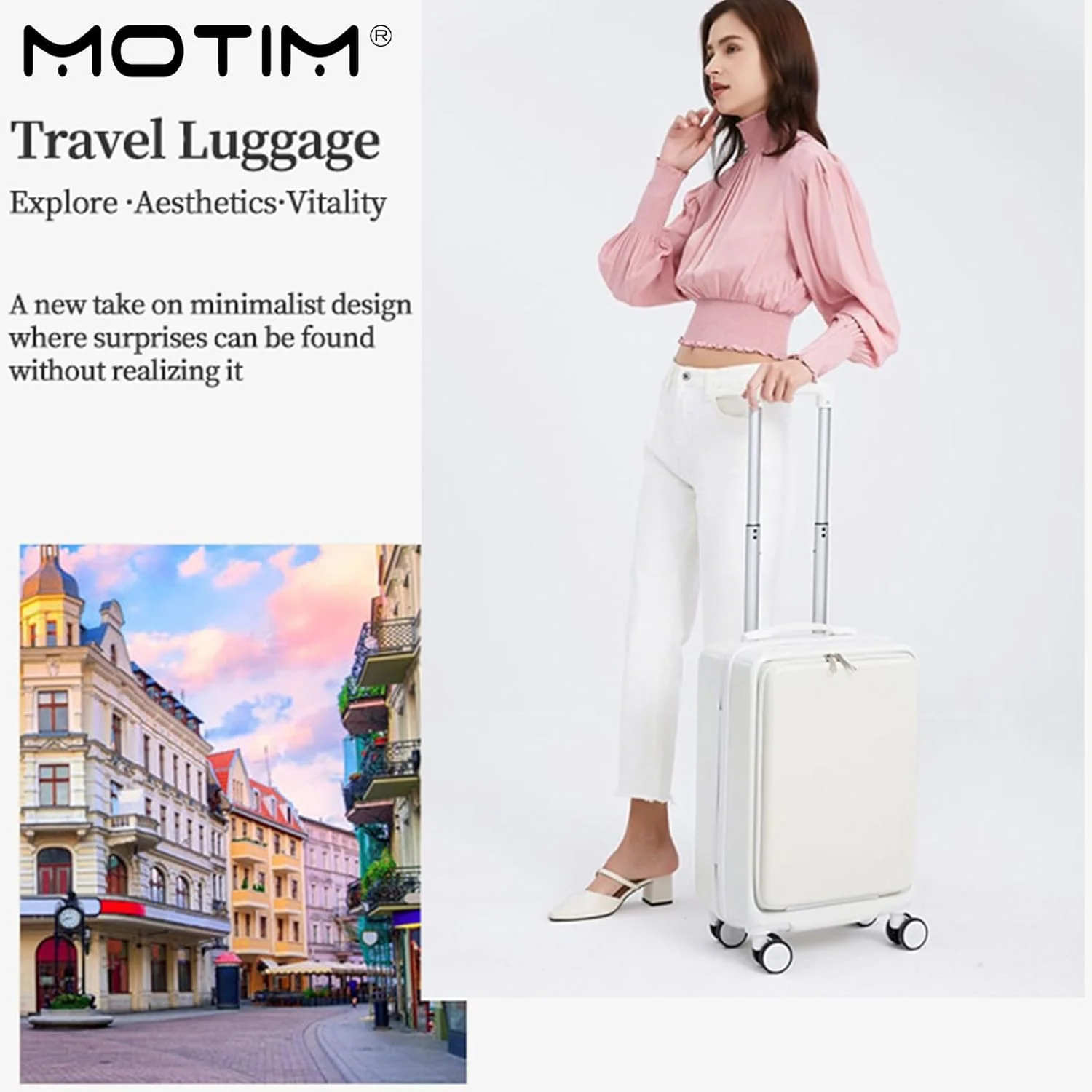 چمدان کابین سایز سخت MOTIM با محفظه جلویی بازشو لپ‌تاپ، بدنه آلومینیومی و چرخ‌های اسپینر، چمدان بزرگ با ظرفیت بالا (سفید، سایز 20 اینچ)