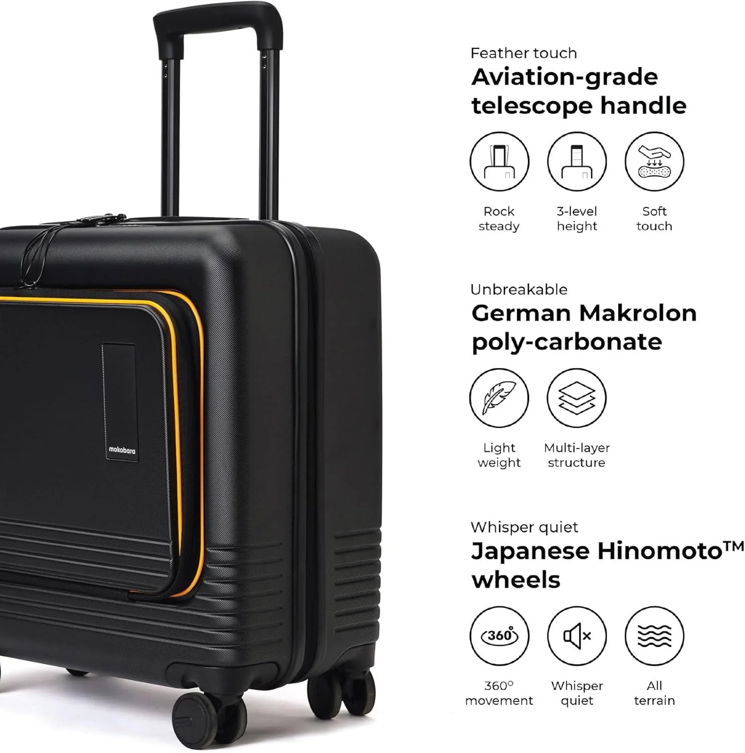 چمدان کابین مسافرتی MOKOBARA | چمدان دستی 41 لیتری با 8 چرخ هینوموتو و قفل TSA بدون کلید | برای سفرهای کاری و تفریحی | مشکی و زرد | Crypto Sunray 3.0 (نسخه محدود)