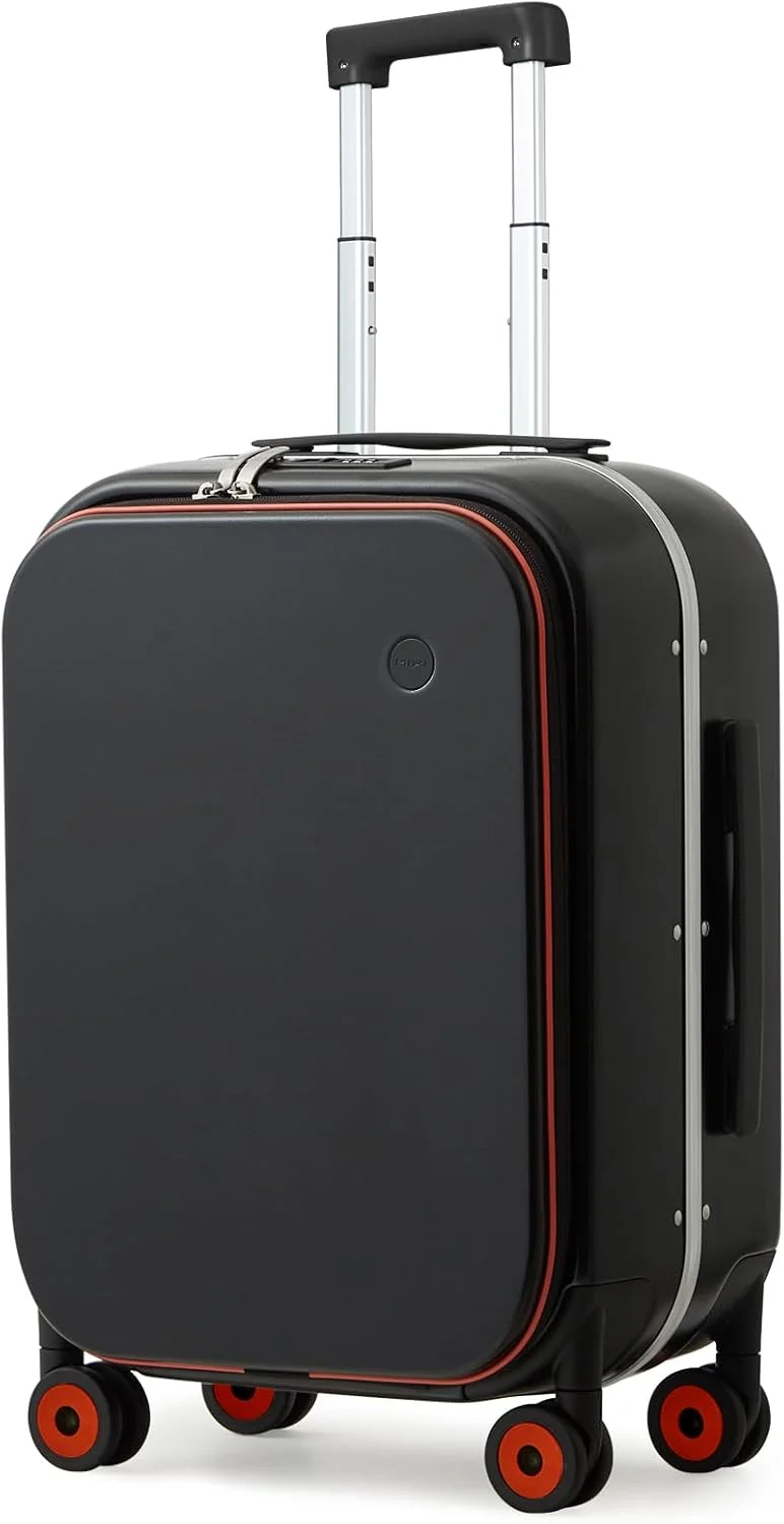 چمدان کابین سایز میکسی، چمدان 20 اینچی با جیب جلویی لپ‌تاپ، چمدان چرخ‌دار مسافرتی با فریم آلومینیومی PC و چرخ‌های اسپینر و روکش - چرخ توخالی مشکی