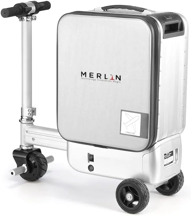 چمدان اسکوتر هوشمند مرلین با باتری جداشدنی، تحمل وزن 90 کیلوگرم، پاور بانک، چمدان قابل سواری با فریم آلومینیومی، باتری 93.6 وات ساعت، مناسب برای مسافرت، فرودگاه ها، سفرهای کاری