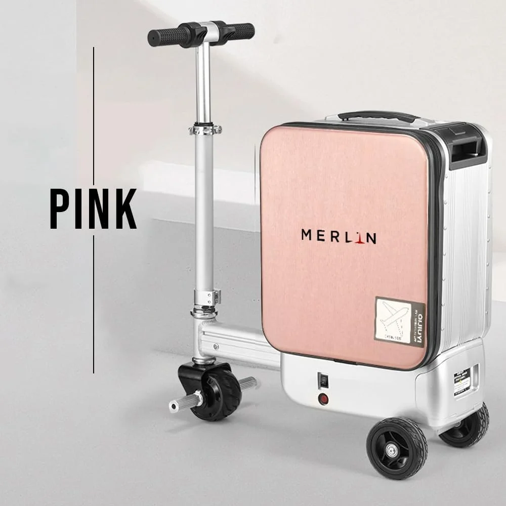 چمدان اسکوتر هوشمند مرلین با باتری جداشدنی، تحمل وزن 90 کیلوگرم، پاور بانک، چمدان قابل سواری با فریم آلومینیومی، باتری 93.6 وات ساعت، مناسب برای مسافرت، فرودگاه ها، سفرهای کاری