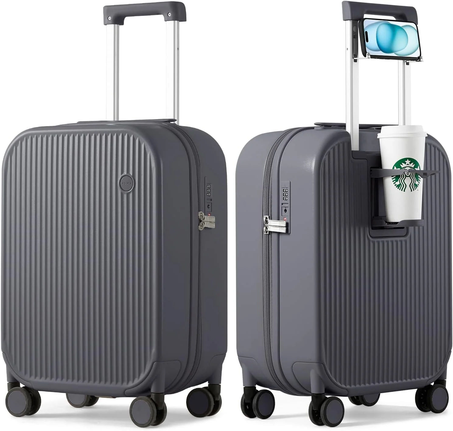 چمدان کابین سایز میکسی با جا لیوانی و موبایل، چمدان مسافرتی چرخ دار هارد شل با چرخ های اسپینر، سایز 20 اینچ، خاکستری سنگی