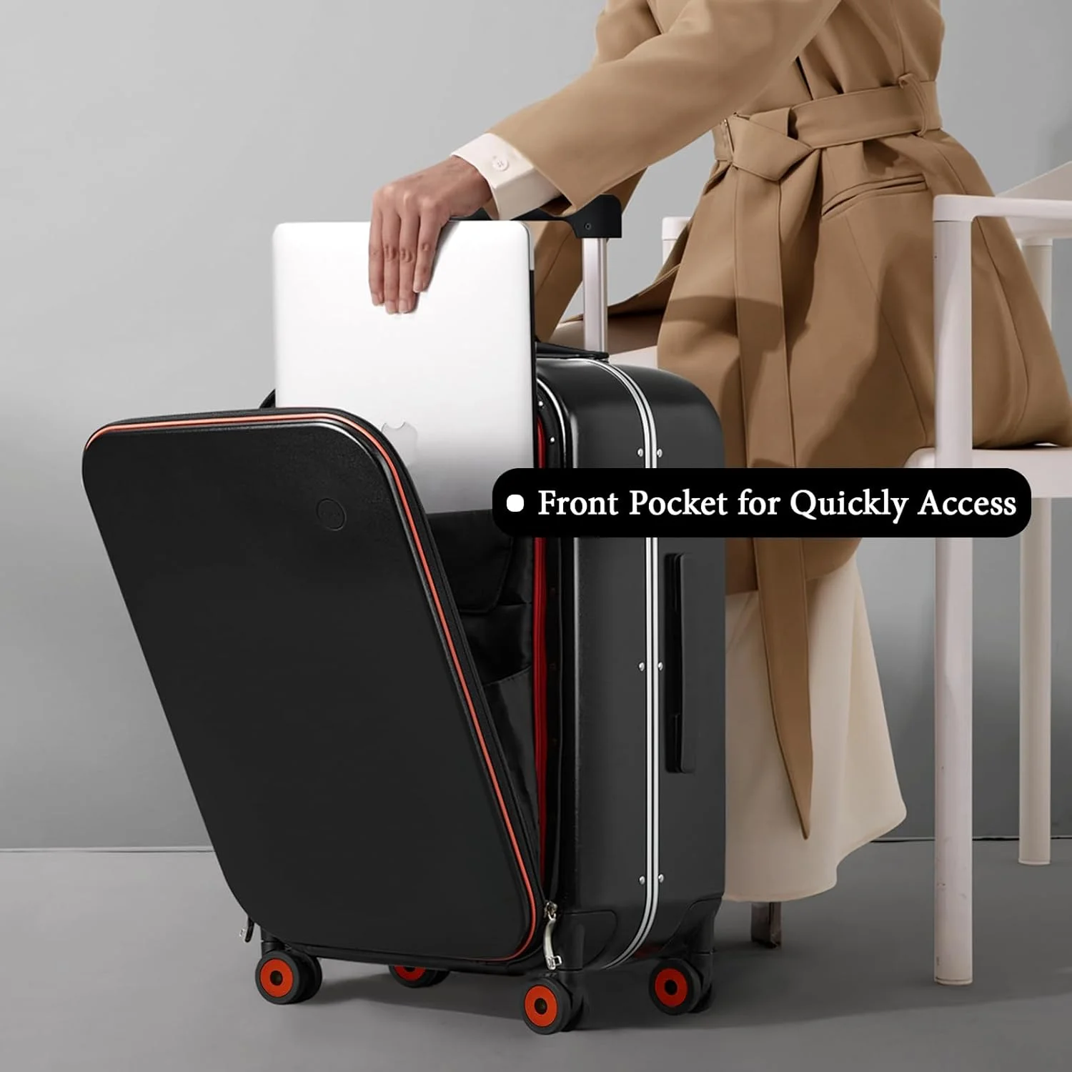 چمدان کابین سایز میکسی، چمدان 20 اینچی با جیب جلویی لپ‌تاپ، چمدان چرخ‌دار مسافرتی با فریم آلومینیومی PC و چرخ‌های اسپینر و روکش - چرخ توخالی مشکی