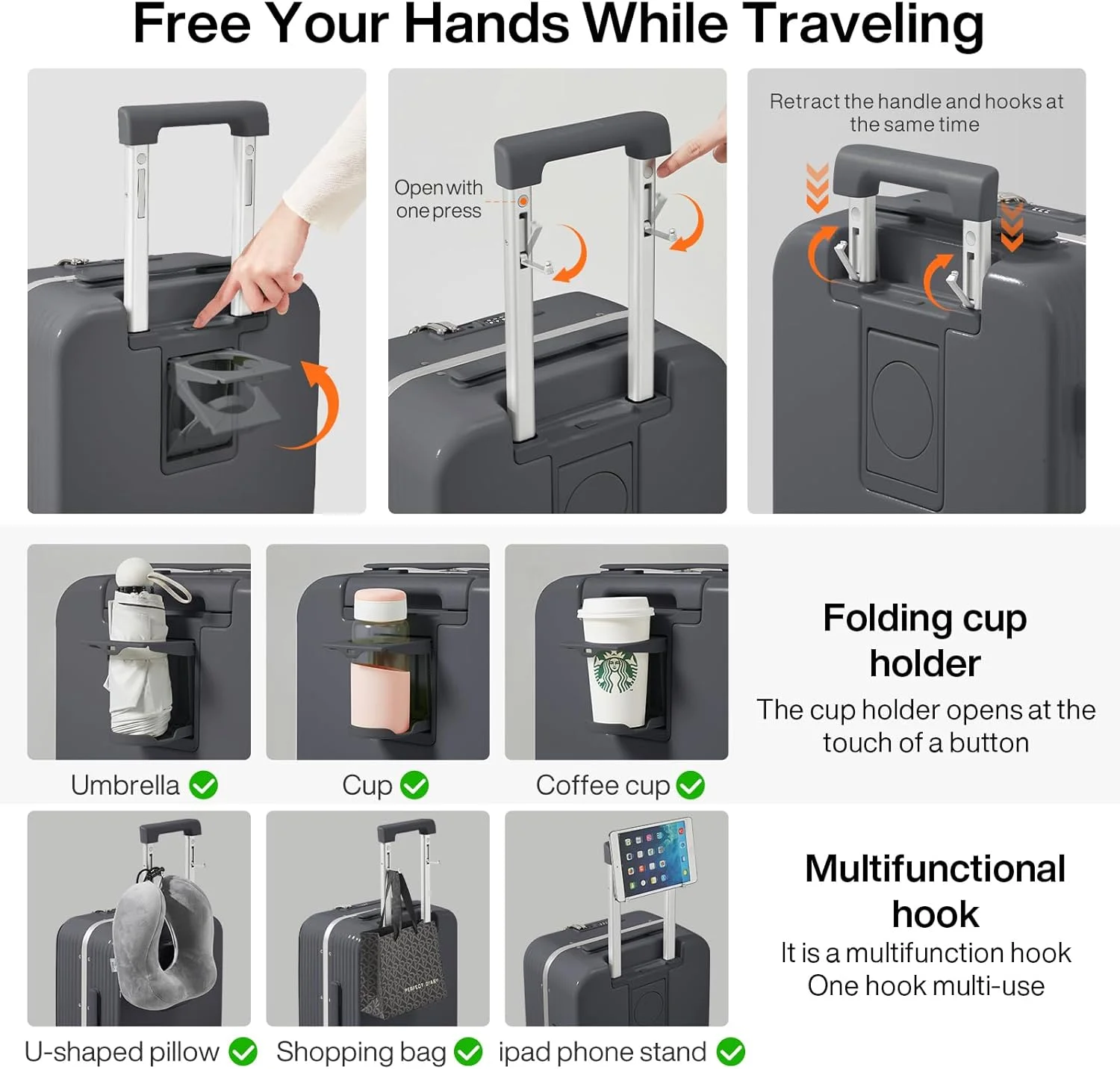 چمدان چرخ‌دار سخت PC میکس با قفل TSA و جای لیوان و تلفن