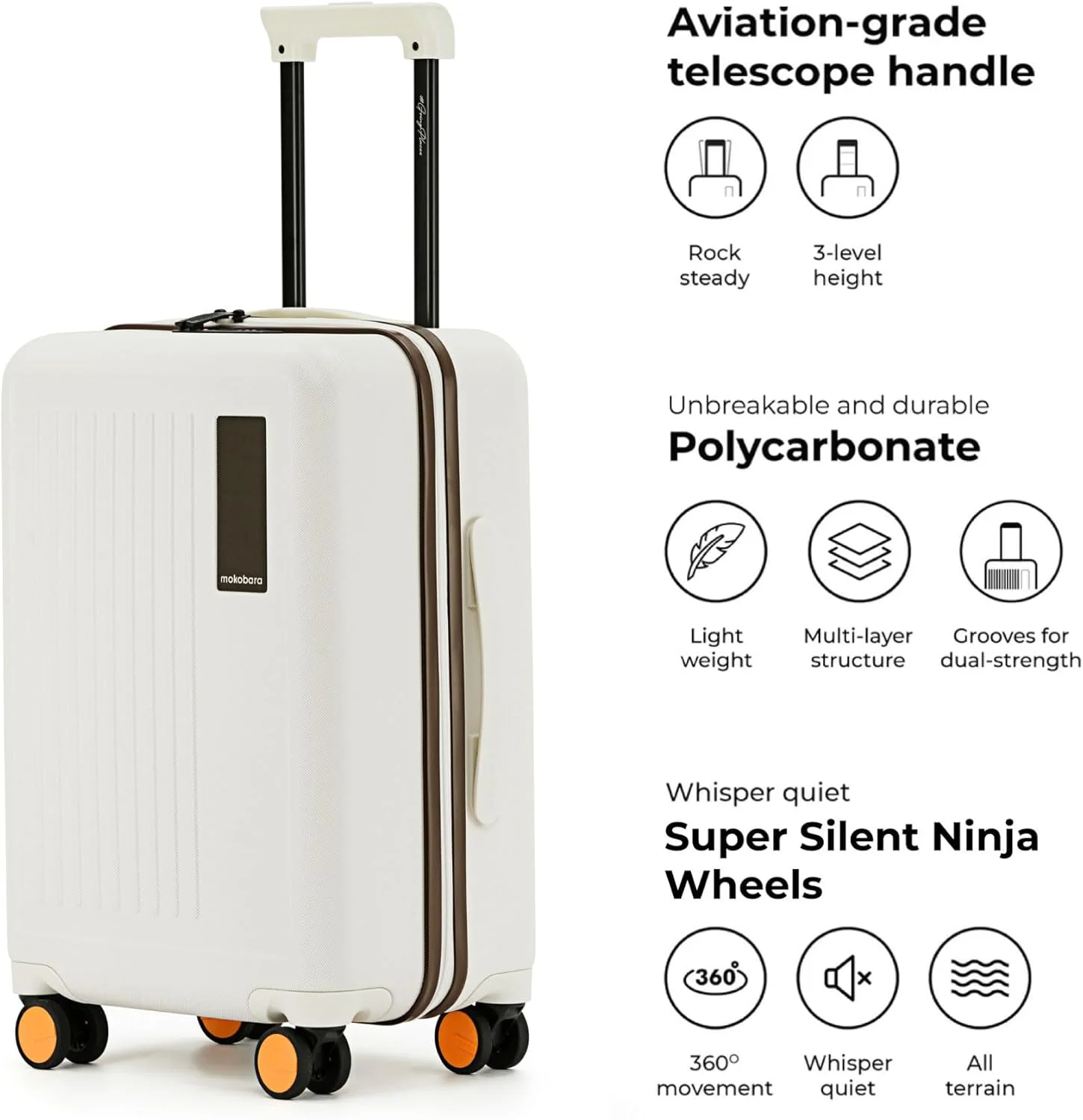 چمدان کابین ترانزیت MOKOBARA | ظرفیت 40 لیتر و بدنه سخت پلی کربنات بادوام | چرخ های بی صدای Hinomoto و قفل TSA | چمدان دستی برای مسافرت | سفید | Still Loading Brownray 2.0