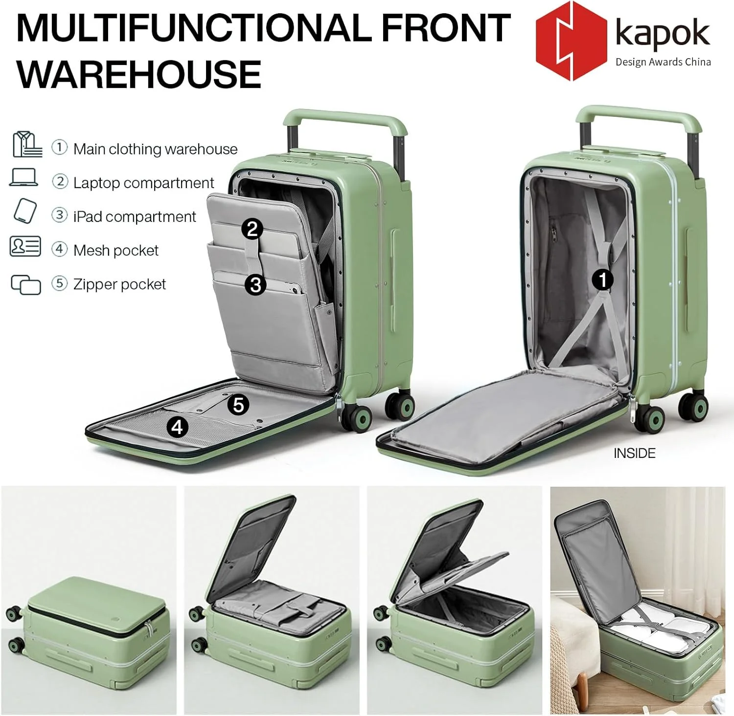 چمدان کابین سایز میکسی، سایز 20 اینچ با جیب جلویی لپ تاپ، دسته پهن، چمدان چرخ دار مسافرتی با فریم آلومینیومی PC Hardside با چرخ های اسپینر و کاور - سبز آووکادو