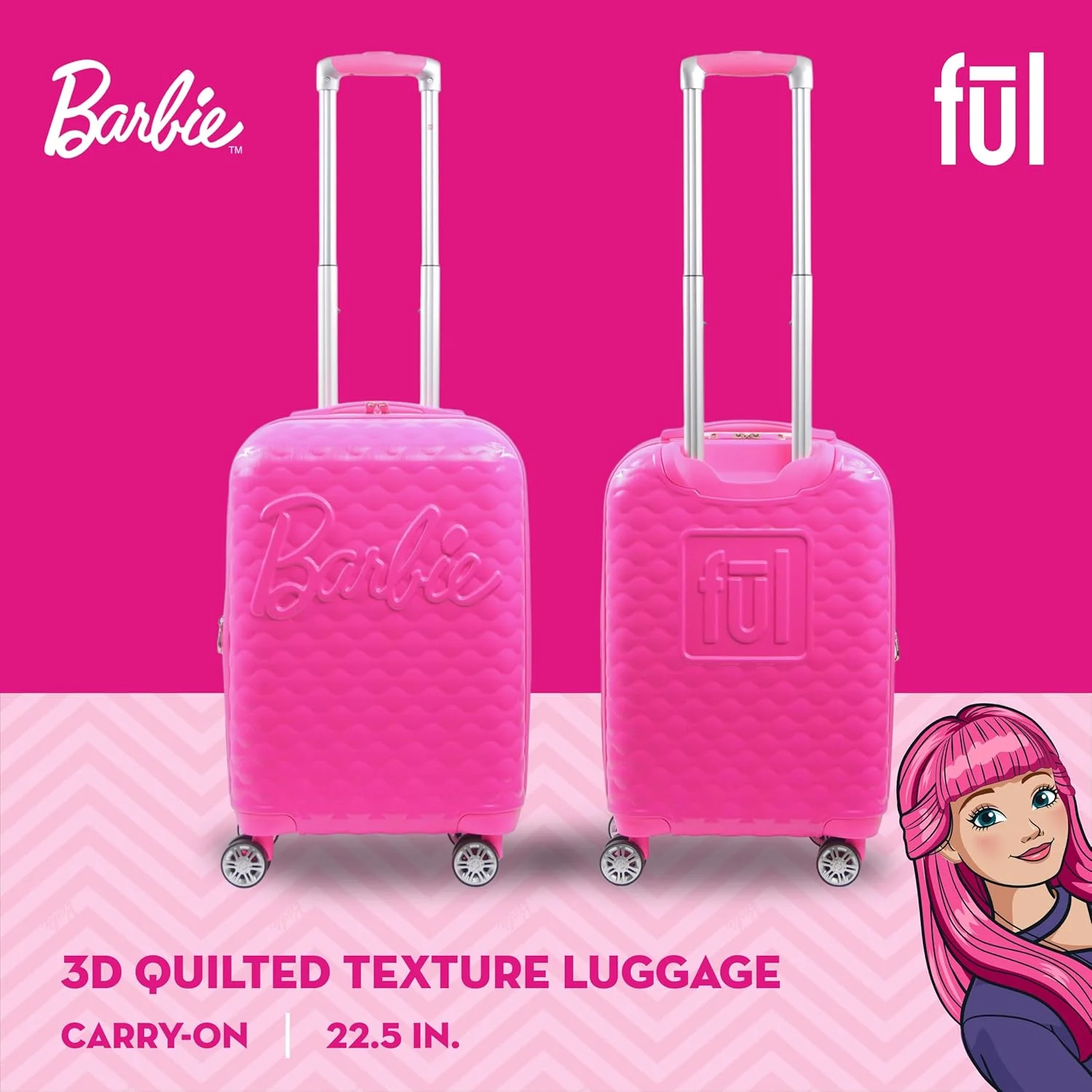 چمدان چرخدار باربی FUL، سایز کابین، هارد شل طرح‌دار، صورتی، 57x35.5x24 سانتی‌متر