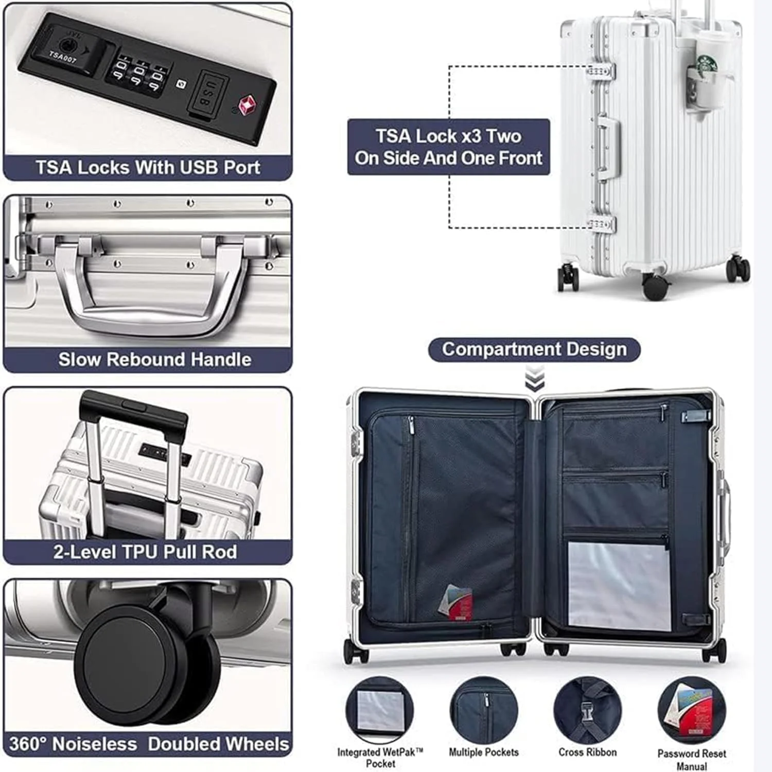 چمدان کابین، چمدان سبک وزن با پوسته سخت با محفظه لپ تاپ، کیف مسافرتی جیب جلو با 4 چرخ گردان، ترولی کابین برای مسافران 20 اینچی