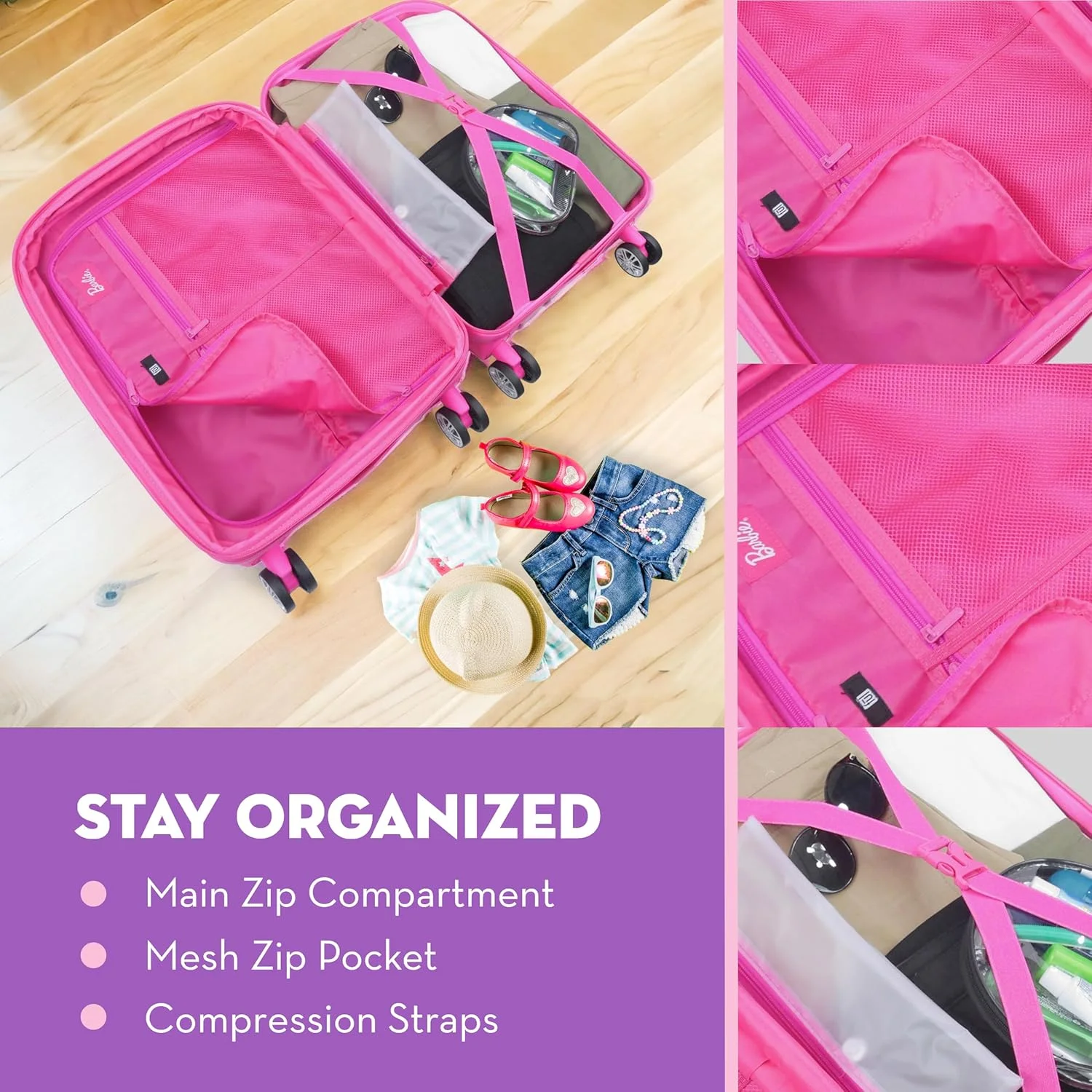 چمدان چرخدار باربی FUL، سایز کابین، هارد شل طرح‌دار، صورتی، 57x35.5x24 سانتی‌متر