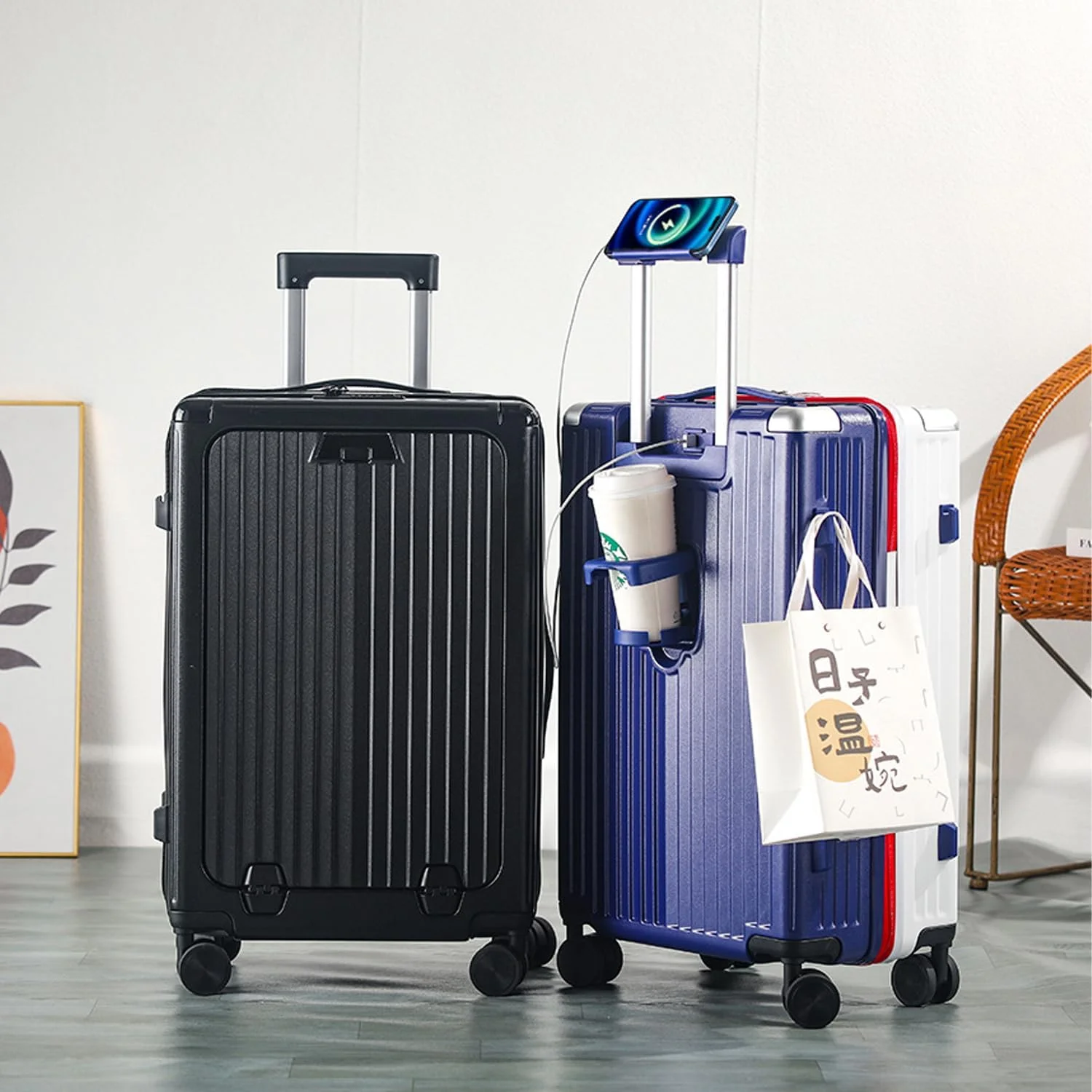 چمدان کابین سایز، چمدان سخت با چرخ های اسپینر جیب جلویی 4 (کابین سایز 20 اینچی)