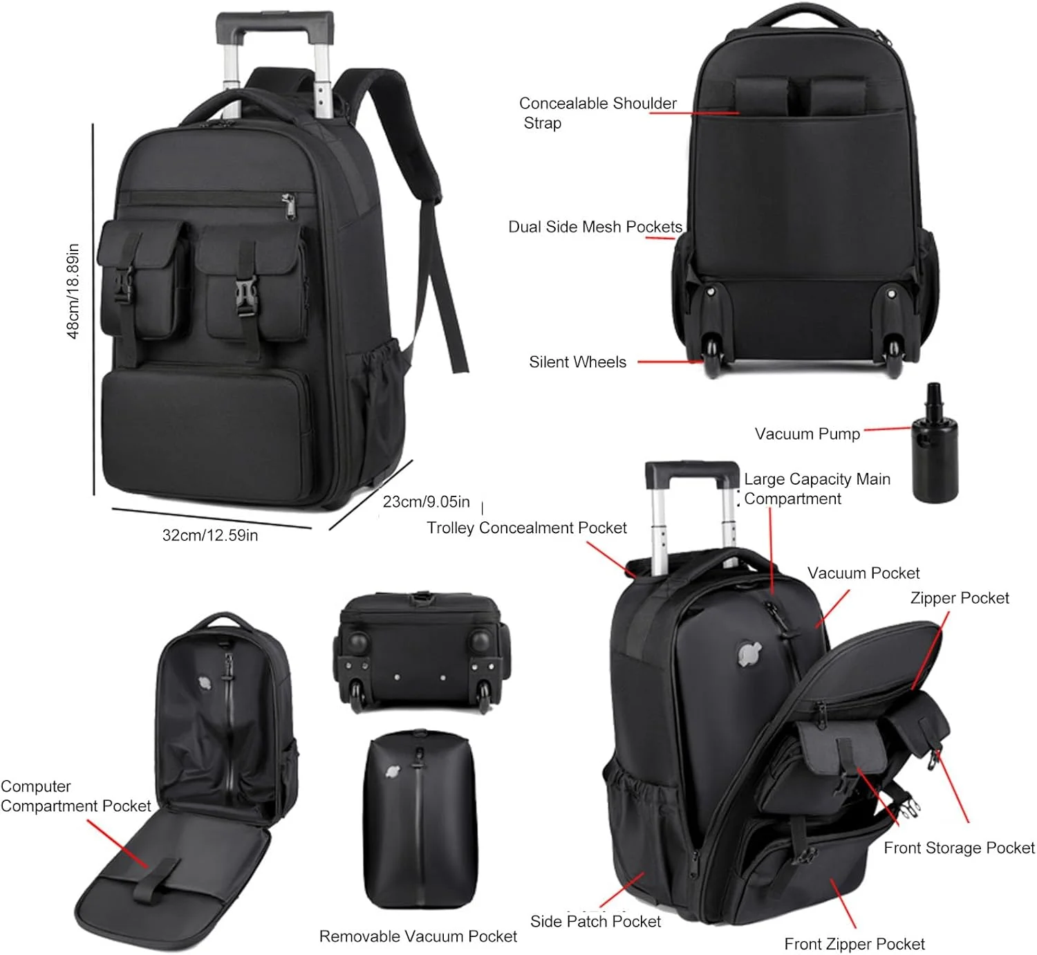 کیف چرخدار Luqeeg با چرخ، کوله پشتی مسافرتی چرخ دستی جداشدنی با قابلیت فشرده سازی خلاء ضد آب 30 لیتری، چمدان مسافرتی | کیف مسافرتی وسایل شخصی برای سفر کاری