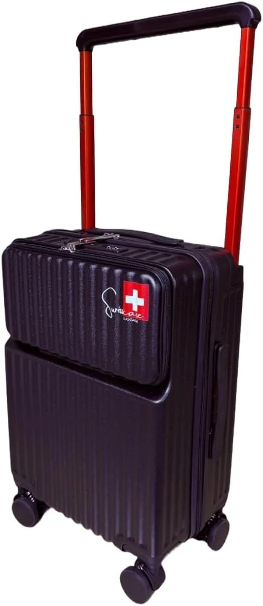 چمدان کابین سایز 20 اینچی Swiss Case، چمدان بدنه سخت، قفل داخلی، دارای جا لیوانی و پورت USB، چمدان چرخ دار با بدنه سخت مورد تایید خطوط هوایی، مدل SY0016 مشکی