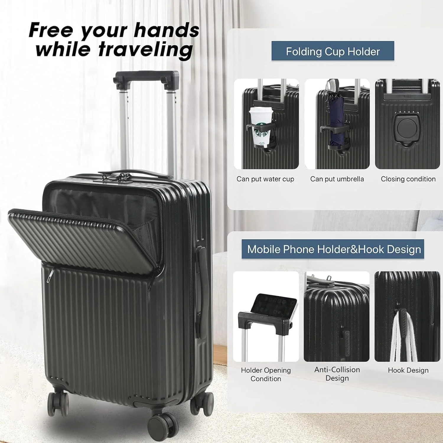 چمدان کابین سایز، چمدان سخت با جیب جلویی، چمدان کوچک 20 اینچی چرخ دار مناسب برای همه | چمدان فوق سبک کابین سایز با چرخ های اسپینر 4 (کابین سایز 20 اینچی)