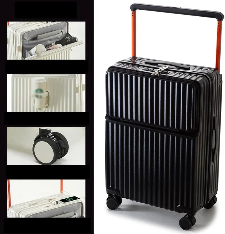 چمدان کابین سایز 20 اینچی Swiss Case، چمدان بدنه سخت، قفل داخلی، دارای جا لیوانی و پورت USB، چمدان چرخ دار با بدنه سخت مورد تایید خطوط هوایی، مدل SY0016 مشکی