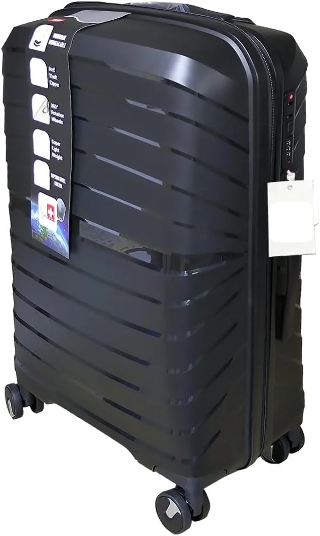 چمدان کابین سایز 20 اینچی Swiss Case، بدنه سخت راه راه PP با طراحی مینیمال، چرخ های دوبل اسپینر، سبک وزن، مشکی