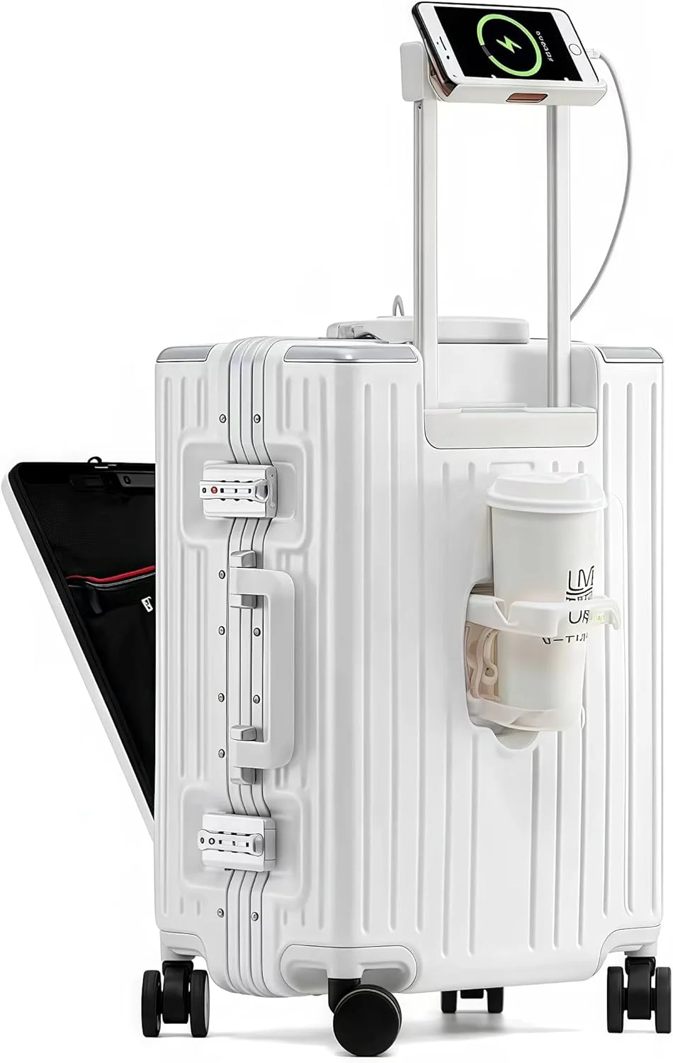 چمدان مسافرتی سایز کابین 20 اینچی، چمدان چرخشی سبک وزن با قاب آلومینیومی و محفظه جلویی لپ تاپ - (سفید، 20 اینچ)