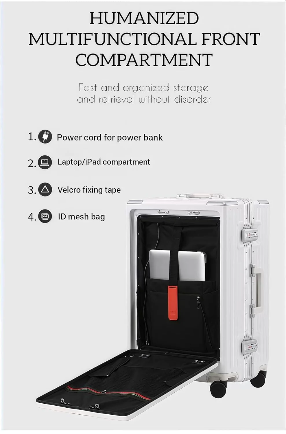 چمدان مسافرتی سایز کابین 20 اینچی، چمدان چرخشی سبک وزن با قاب آلومینیومی و محفظه جلویی لپ تاپ - (سفید، 20 اینچ)