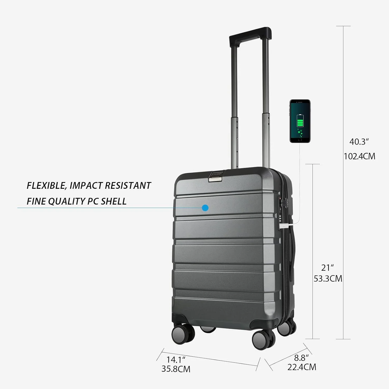 چمدان کابین سایز سخت KROSER با قابلیت افزایش حجم و چرخ های اسپینر، چمدان بادوام با پورت USB، سایز کابین 20 اینچ، خاکستری استیل