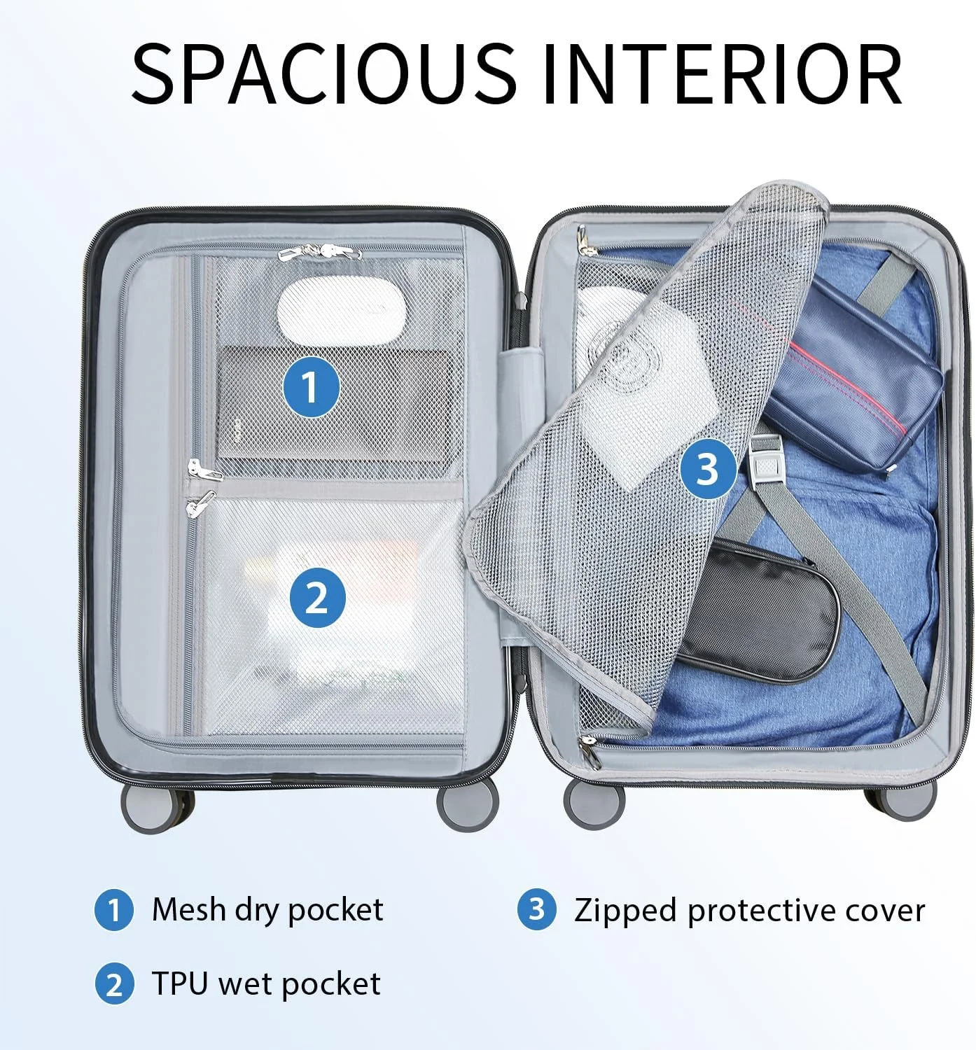 چمدان کابین سایز سخت KROSER با قابلیت افزایش حجم و چرخ های اسپینر، چمدان بادوام با پورت USB، سایز کابین 20 اینچ، خاکستری استیل