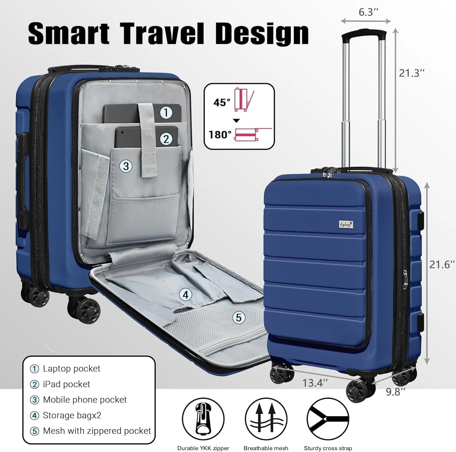 چمدان کابین سایز اکسپلورر 20 اینچی، بدنه سخت سبک وزن، اسپینر چرخ دار و قابل افزایش حجم، سرمه ای