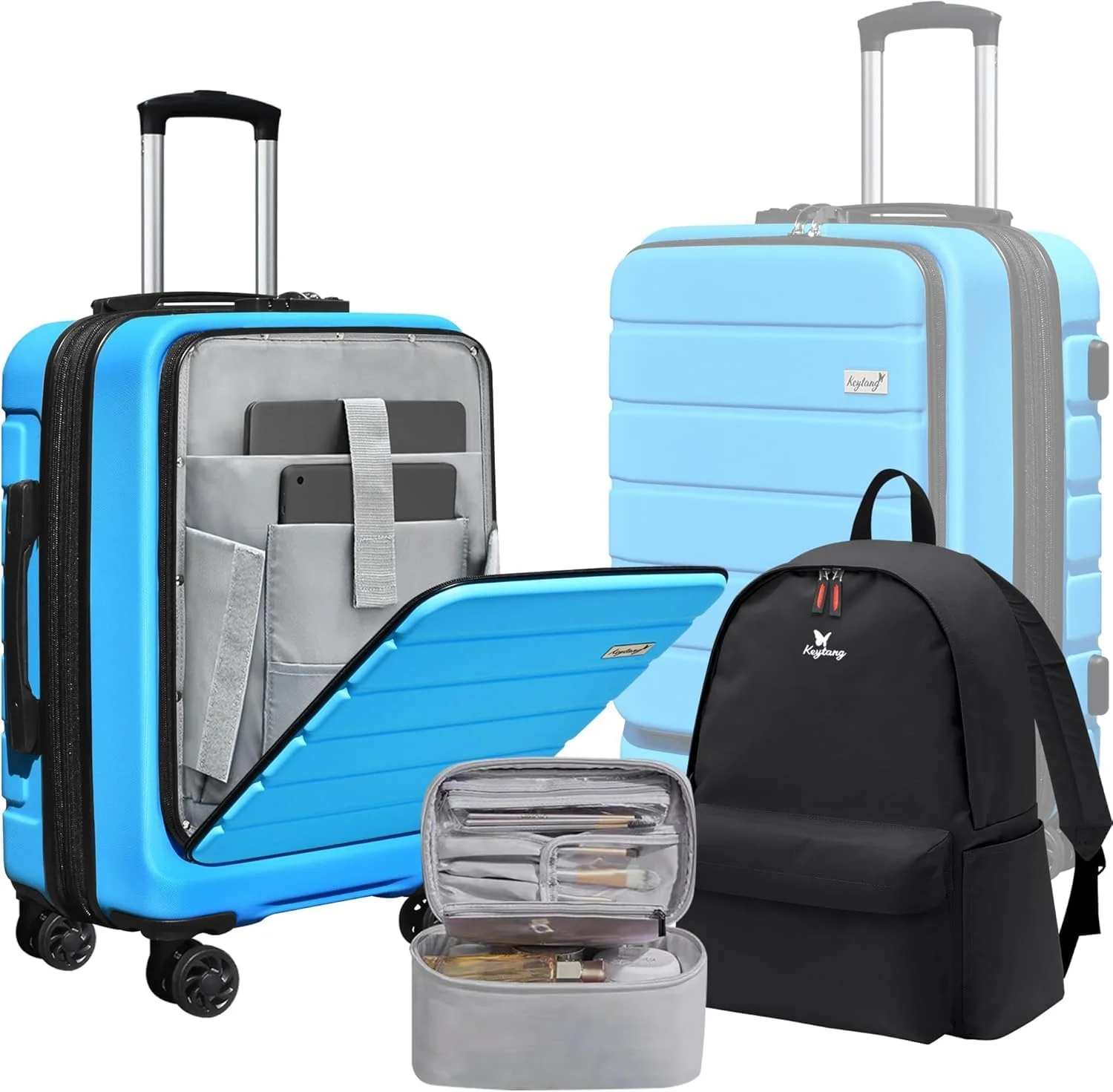 چمدان سبک وزن 20 اینچی اکسپلورر با بدنه سخت، چرخ های اسپینر، قابلیت افزایش فضا، به همراه کوله پشتی و کیف لوازم آرایش