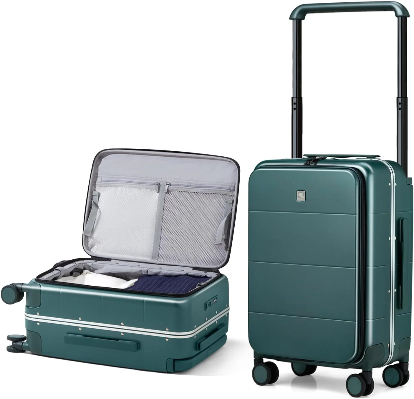 چمدان کابین سایز 20 اینچی Hanke، چمدان های هارد شل با درب از بالا و چرخ دار مناسب سفر، چمدان آلومینیومی کابین سایز با دسته پهن (سبز مایل به سیاه)