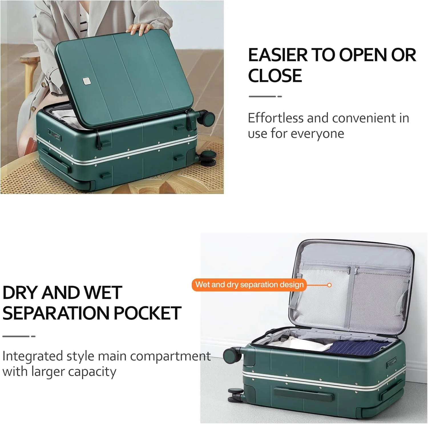 چمدان کابین سایز 20 اینچی Hanke، چمدان های هارد شل با درب از بالا و چرخ دار مناسب سفر، چمدان آلومینیومی کابین سایز با دسته پهن (سبز مایل به سیاه)