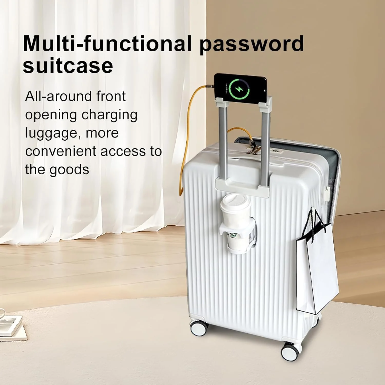 چمدان کابین سایز اینگونار با جیب جلویی برای لپ تاپ 15.6 اینچی، جای لیوان و موبایل، چمدان با قلاب های جانبی، رابط USB Type-C مناسب سفر (B)