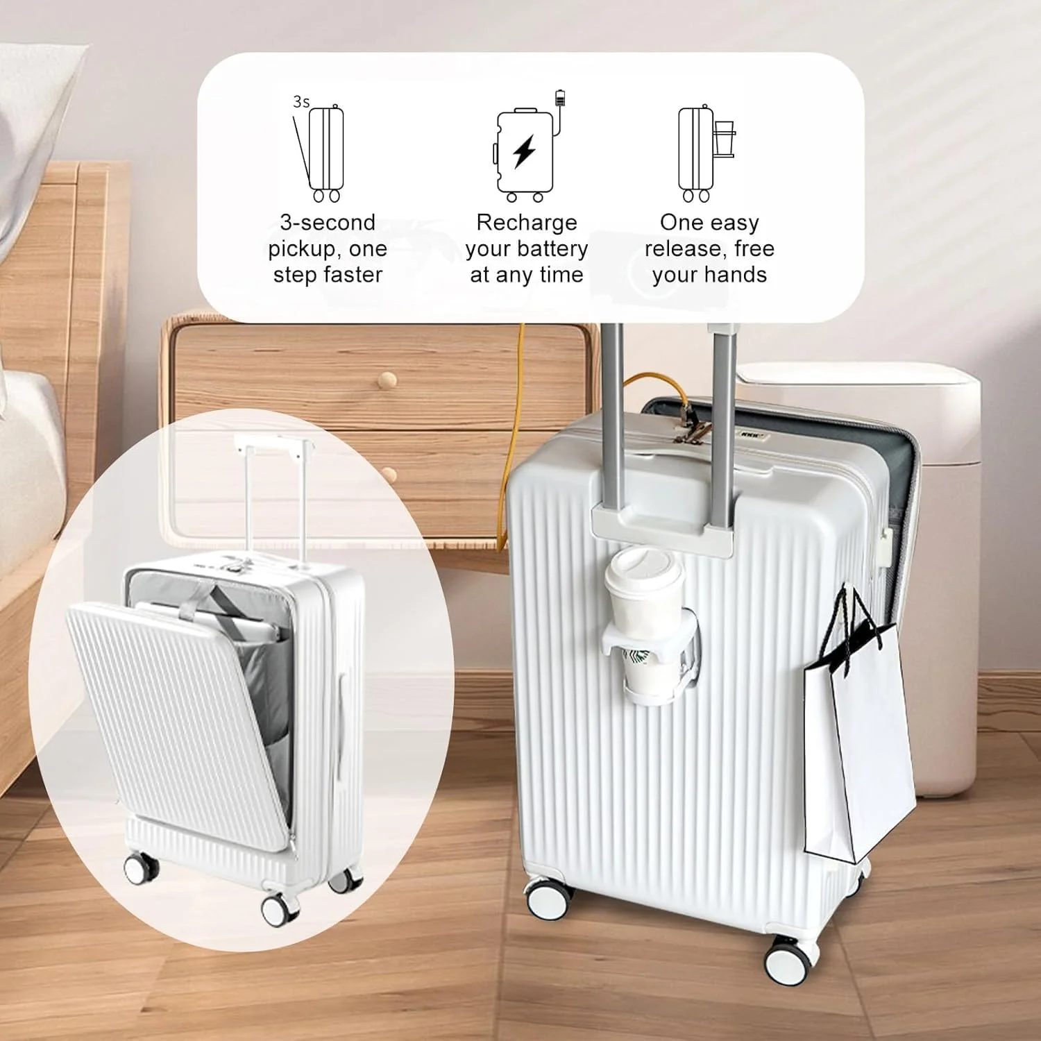 چمدان کابین سایز اینگونار با جیب جلویی برای لپ تاپ 15.6 اینچی، جای لیوان و موبایل، چمدان با قلاب های جانبی، رابط USB Type-C مناسب سفر (B)