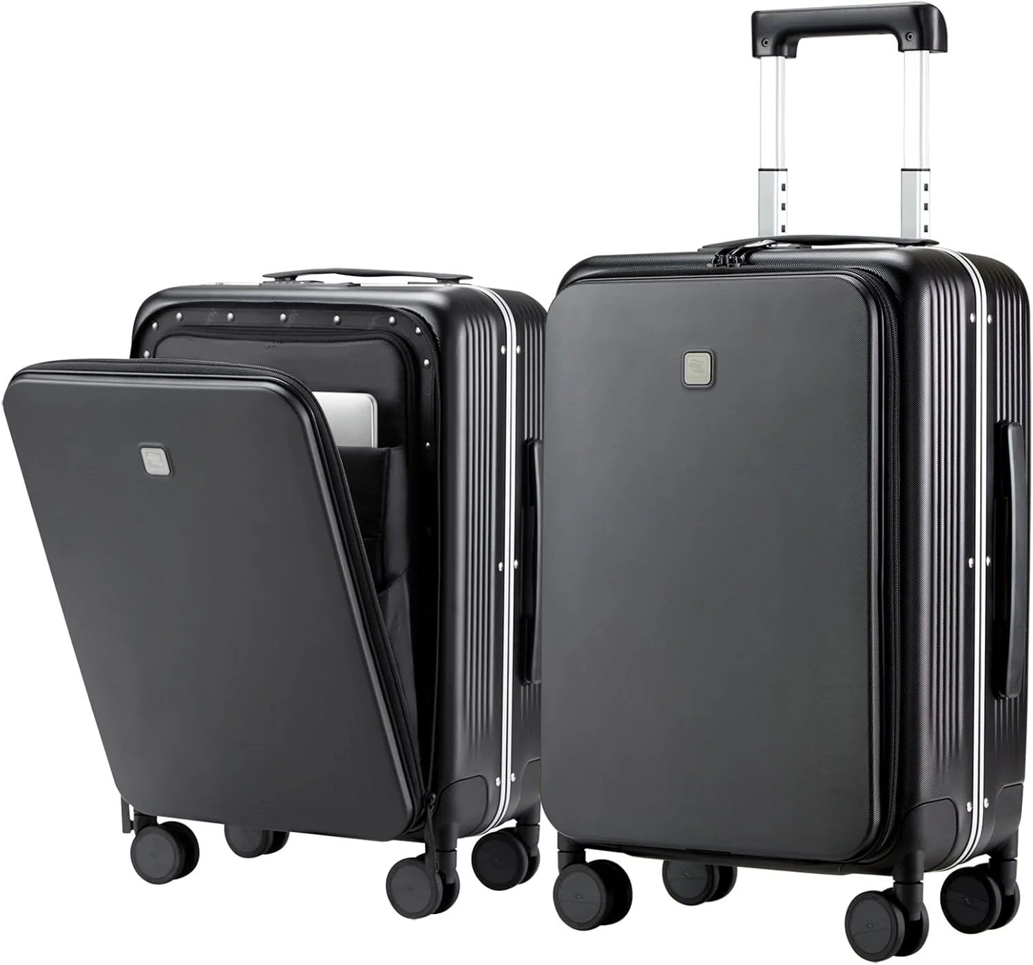 چمدان کابین سایز 20 اینچی مورد تایید خطوط هوایی Hanke با چرخ و جیب جلویی، بدنه سخت با فریم آلومینیومی، چمدان چرخ دار TSA برای سفر کاری (مشکی جت)