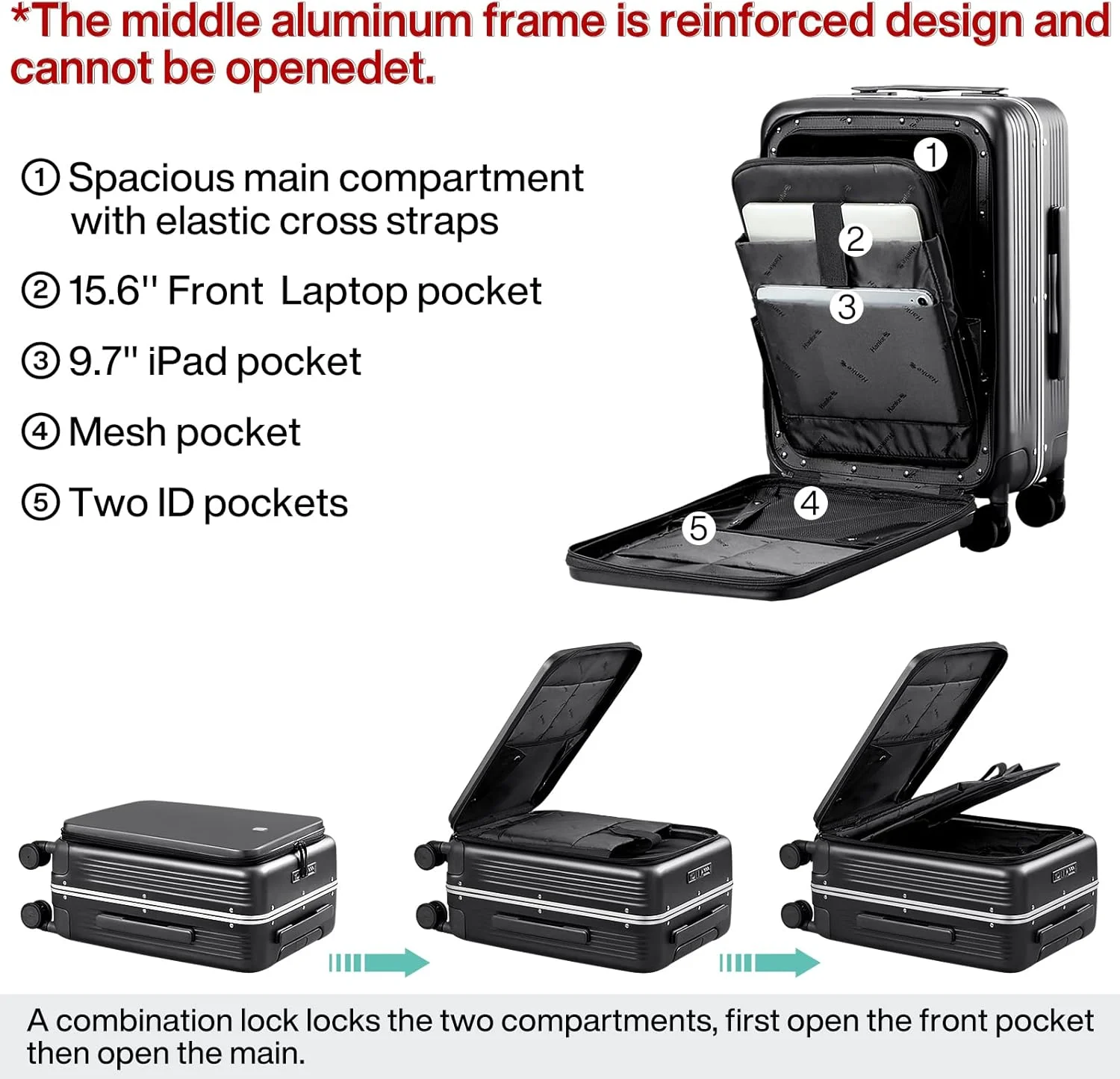 چمدان کابین سایز 20 اینچی مورد تایید خطوط هوایی Hanke با چرخ و جیب جلویی، بدنه سخت با فریم آلومینیومی، چمدان چرخ دار TSA برای سفر کاری (مشکی جت)