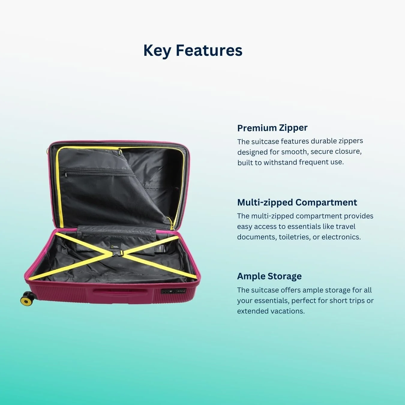 چمدان کابین کوچک سخت پوسته نشنال جئوگرافیک مدل Cavern، صورتی فوشیا، بادوام/ نشکن/ سبک وزن/ زیپ ضد سرقت/ چمدان 4 چرخ دوبل با قفل ترکیبی (49 سانتی متر/20 اینچ).