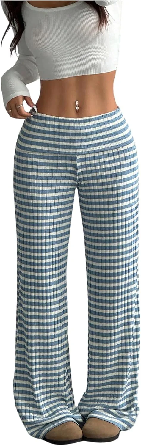 شلوار راه راه زنانه GORGLITTER، بافتنی دنده ای، کمر کشی پایین، پاچه گشاد راسته، شلوار خیابانی شلوار راه راه زنانه GORGLITTER، بافتنی دنده ای، کمر کشی پایین، پاچه گشاد راسته، شلوار خیابانی