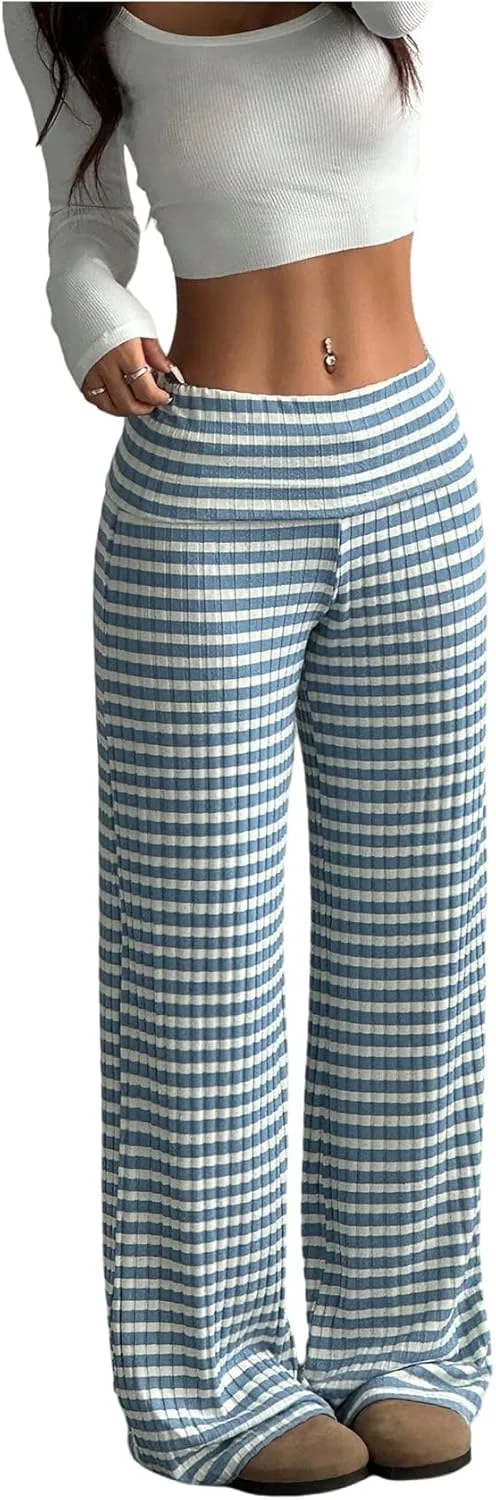 شلوار راه راه زنانه GORGLITTER، بافتنی دنده ای، کمر کشی پایین، پاچه گشاد راسته، شلوار خیابانی شلوار راه راه زنانه GORGLITTER، بافتنی دنده ای، کمر کشی پایین، پاچه گشاد راسته، شلوار خیابانی