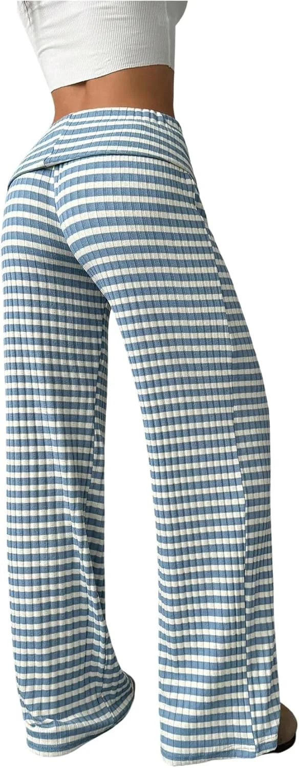 شلوار راه راه زنانه GORGLITTER، بافتنی دنده ای، کمر کشی پایین، پاچه گشاد راسته، شلوار خیابانی شلوار راه راه زنانه GORGLITTER، بافتنی دنده ای، کمر کشی پایین، پاچه گشاد راسته، شلوار خیابانی