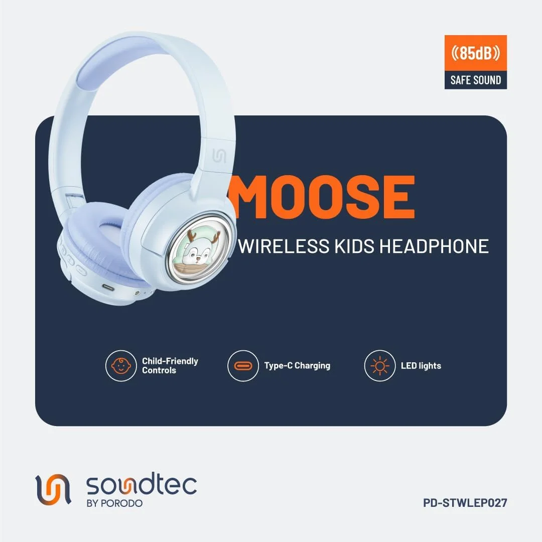 هدفون بی‌سیم بچگانه Porodo Soundtec Moose با چراغ‌های LED، تا 20 ساعت پخش موسیقی، باتری 400mAh، درگاه شارژ USB-C، طراحی منحصربه‌فرد و زیبای Moose، بالشتک‌های راحت برای کودکان (آبی)