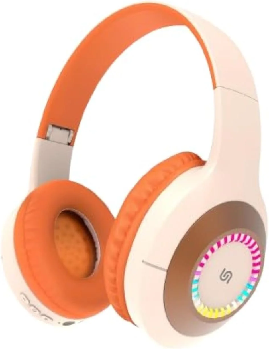 هدفون بی سیم Porodo Soundtec RADIANT، هدفون بلوتوثی بی سیم و سیمی رو گوشی، 5 ساعت پخش، چراغ های LED، شارژ Type-C، باتری 200 میلی آمپر ساعتی، برای iOS و اندروید (بژ/نارنجی)