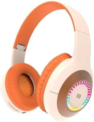 هدفون بی سیم Porodo Soundtec RADIANT، هدفون بلوتوثی بی سیم و سیمی رو گوشی، 5 ساعت پخش، چراغ های LED، شارژ Type-C، باتری 200 میلی آمپر ساعتی، برای iOS و اندروید (بژ/نارنجی)