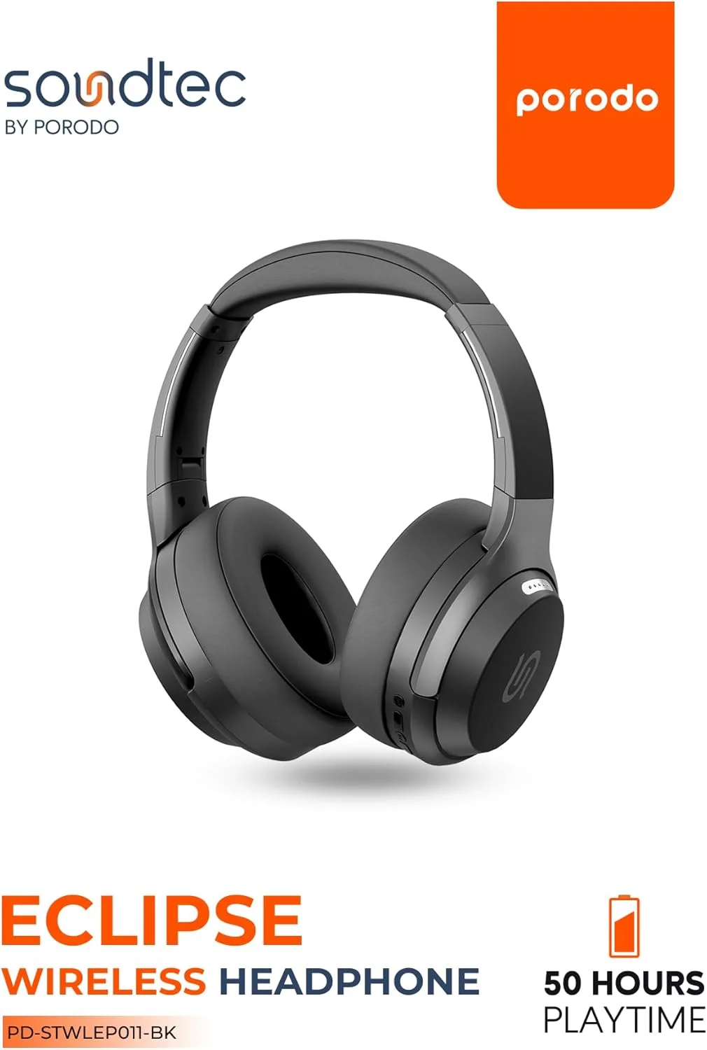 هدفون روگوشی بی‌سیم Porodo Soundtec Eclipse، بلوتوث V5.3، بیس عالی، 50 ساعت پخش، میکروفون با وضوح بالا با ENC، دکمه‌های چند منظوره، شامل کابل شارژ Type-C - مشکی
