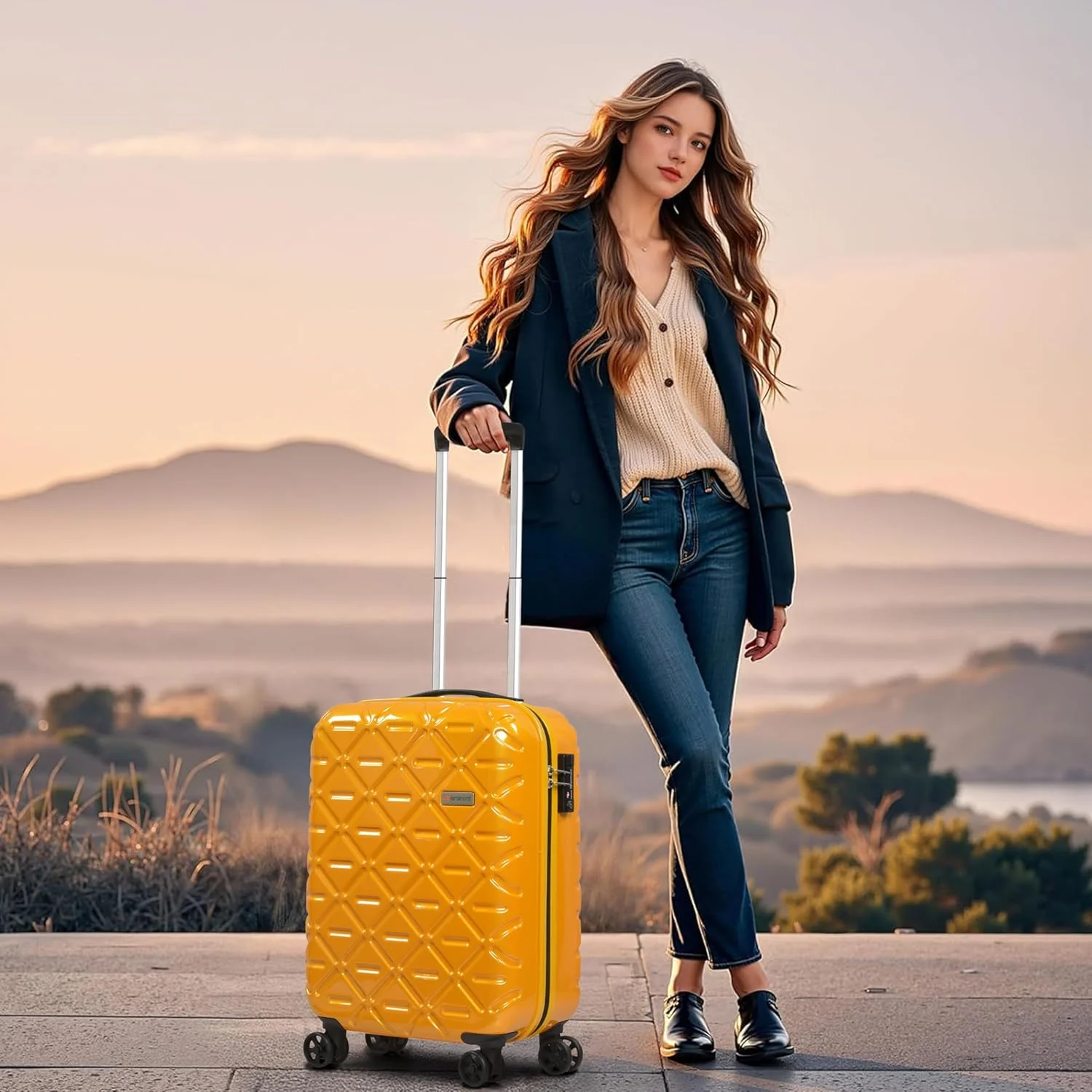 چمدان چرخ دار سخت پوسته یونی‌سکس امیننت ماکرولون سبک وزن با 4 چرخ دوبل اسپینر 360 درجه بی صدا و قفل TSA مدل KG18 (چمدان سایز بزرگ 28 اینچ، زرد غروب آفتابی)